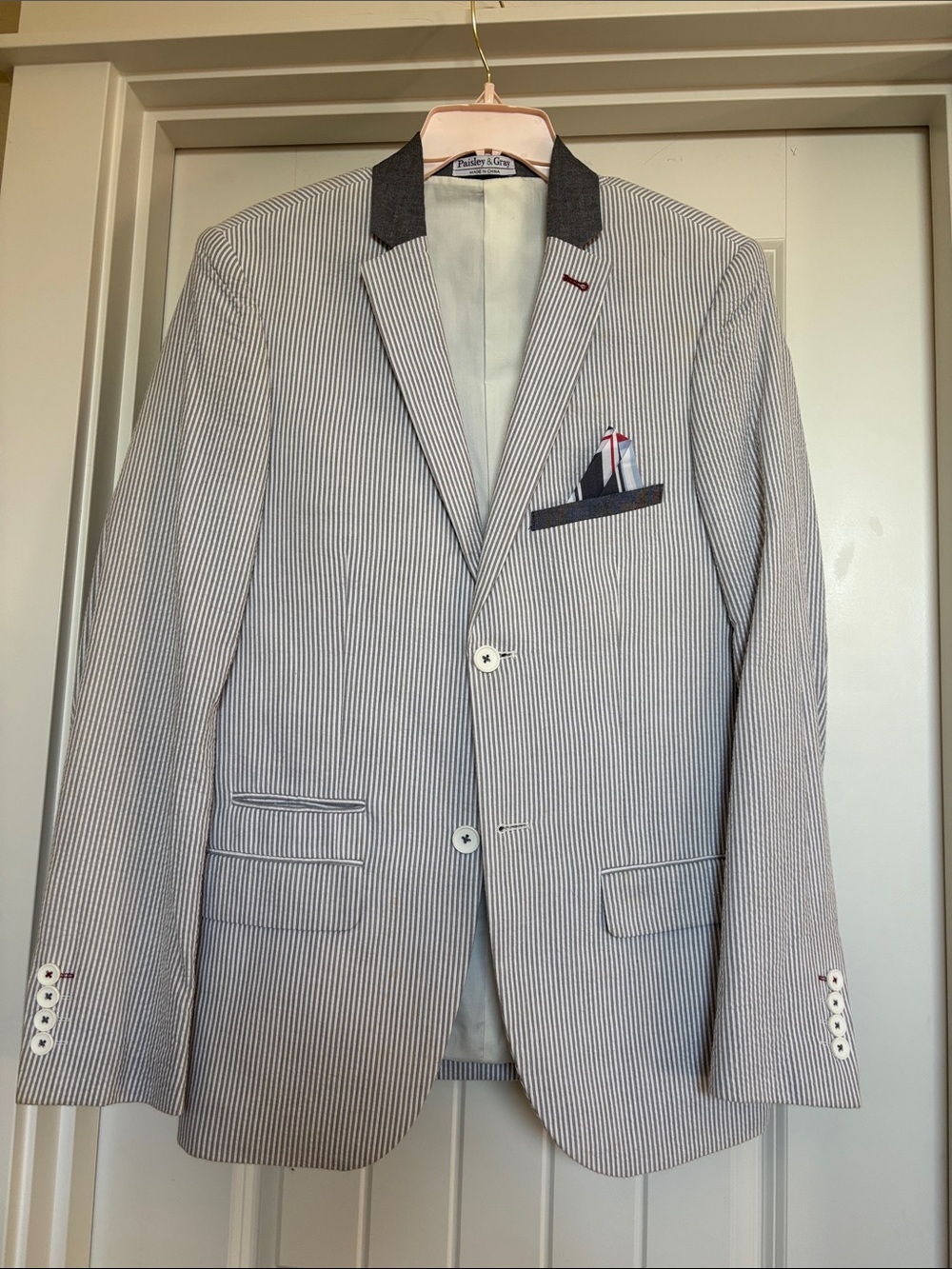 Striped Seersucker Blazer with Contrast Collar - Light Blue
